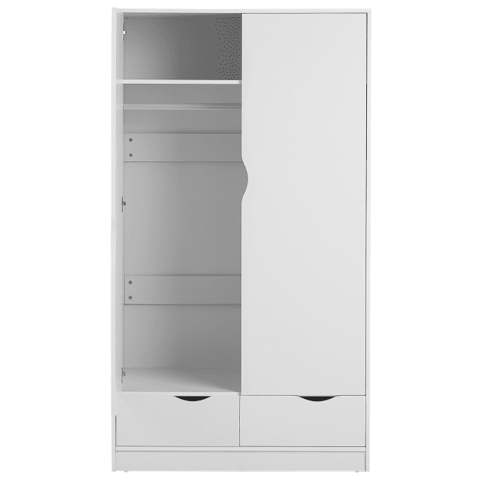 Wardrobe White Particle Board Minimalistic Hinged Doors 2 Drawers Clothes Rail Shelf Bedroom Storage 
