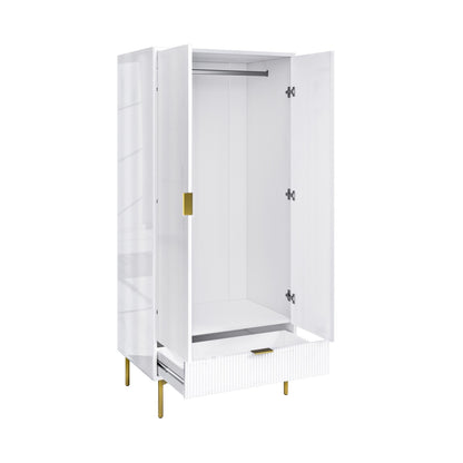 White Gloss Ribbed Double Wardrobe with Drawer - Valencia