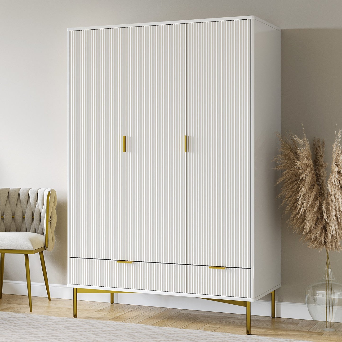 White Gloss 3-Door Wardrobe with 2 Drawers - Valencia