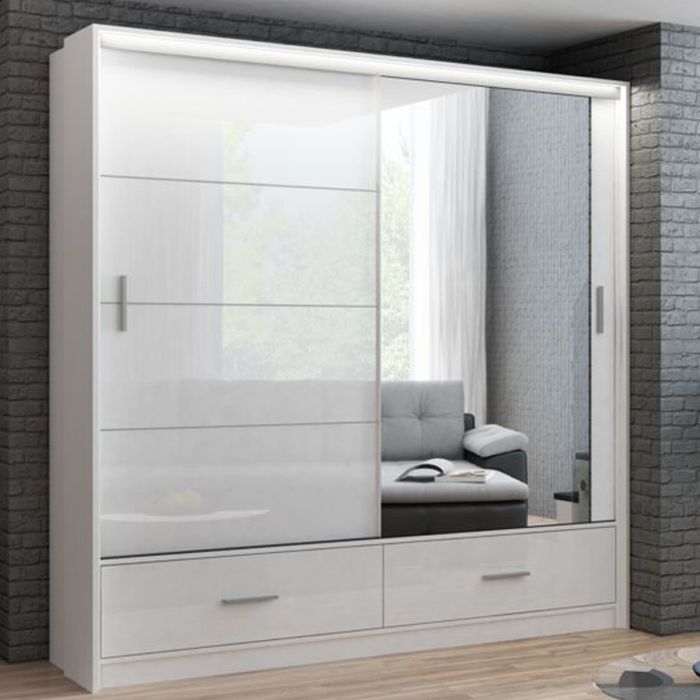 Warrington White Sliding 2 Door Mirrored Wardrobe | 208cm with Functional Drawers | Crisp Elegance | Furco