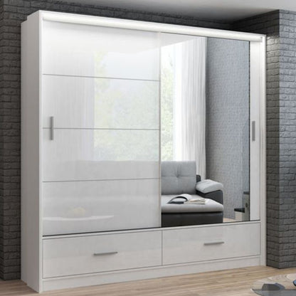Warrington White Sliding 2 Door Mirrored Wardrobe | 208cm with Functional Drawers | Crisp Elegance | Furco