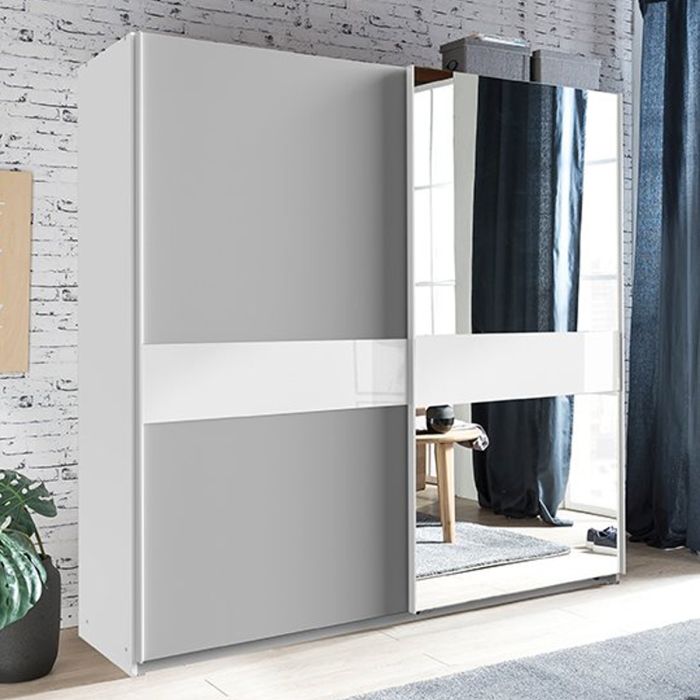 Ammar Mirrored 2 Door Sliding Wardrobe | White and Grey | Contemporary Space-Saver | Furco