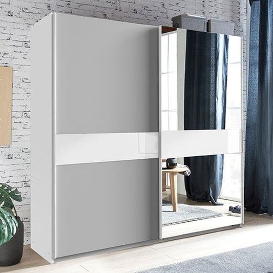 Ammar Mirrored 2 Door Sliding Wardrobe | White and Grey | Contemporary Space-Saver | Furco