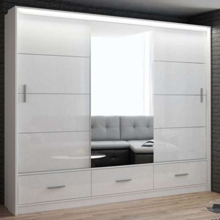 Warrington White Sliding 3 Door Mirrored Wardrobe | 255cm with Drawers | Bright & Organized | Furco