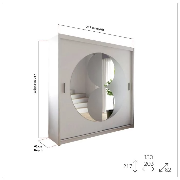 FURCO | Circolo | Sliding 2 Door Wardrobe with Mirror | Pristine White | Modern & Reflective Design