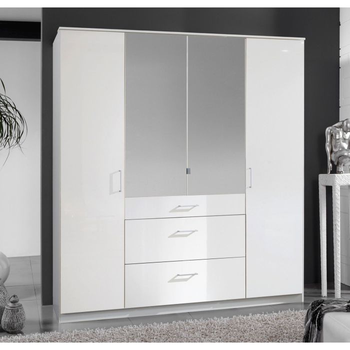 Clappen 4 Door 3 Drawer Mirrored Gloss Wardrobe in White | Sleek Storage | Furco