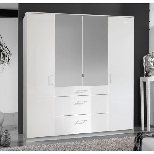 Clappen 4 Door 3 Drawer Mirrored Gloss Wardrobe in White | Sleek Storage | Furco
