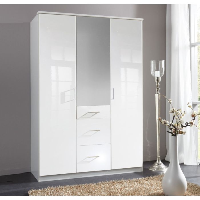 Clappen White Gloss 3 Door 3 Drawer Mirrored Wardrobe | High-Shine Organization | Furco