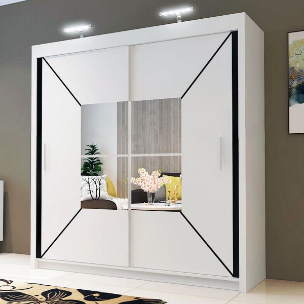 FURCO | Bartholomew Mirrored 2 Door Sliding Wardrobe | Crisp White | Elegant & Spacious Storage