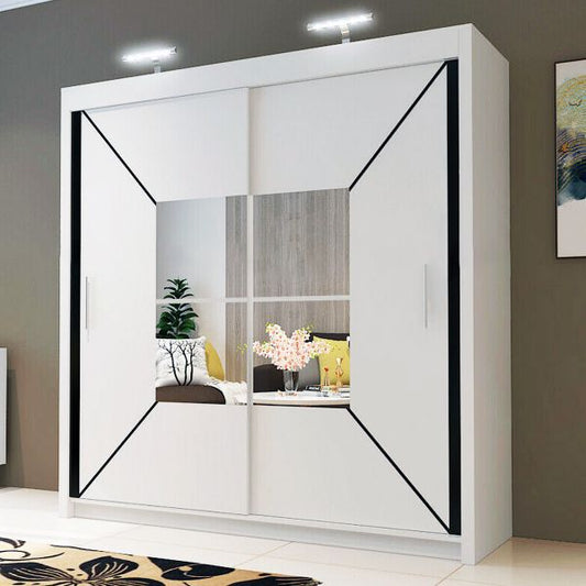 FURCO | Bartholomew Mirrored 2 Door Sliding Wardrobe | Crisp White | Elegant & Spacious Storage
