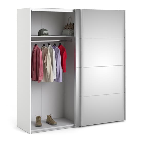 Wonk Mirrored Sliding 2 Doors Wardrobe In White With 2 Shelves