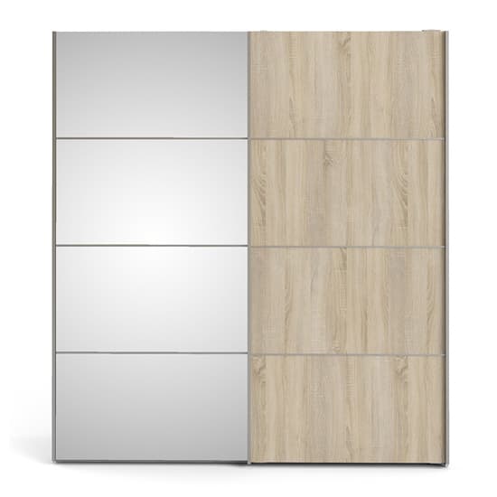 Wonk Mirrored Sliding Doors Wardrobe In White Oak With 5 Shelves