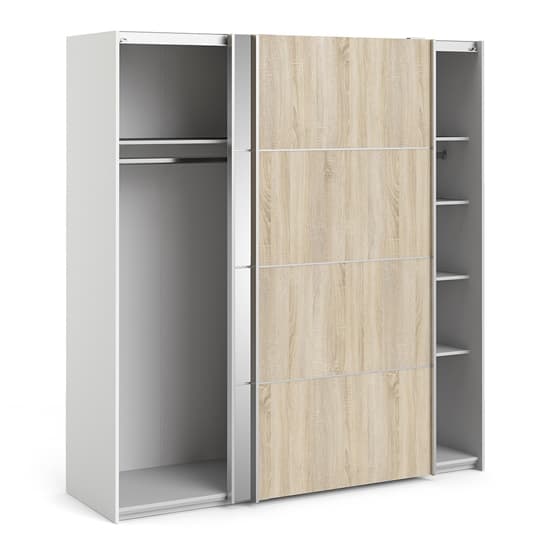 Wonk Mirrored Sliding Doors Wardrobe In White Oak With 5 Shelves