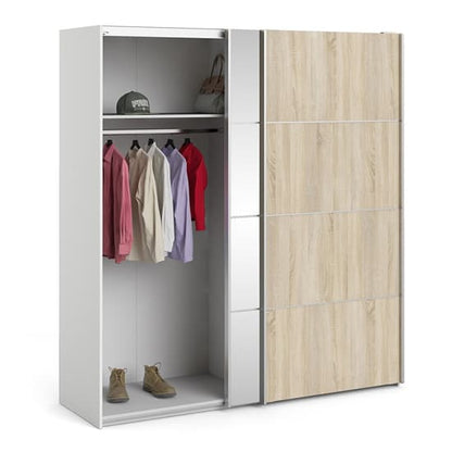 Wonk Mirrored Sliding Doors Wardrobe In White Oak With 5 Shelves
