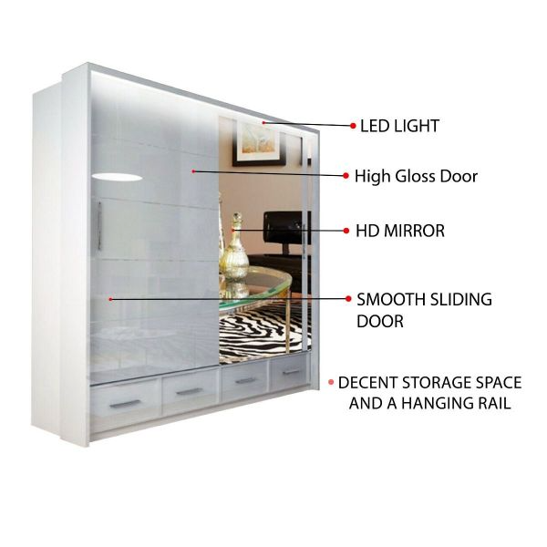 FURCO | Mendeley High Gloss | 2 Door Sliding Wardrobe | 150 cm | Crisp White | Sleek & Spacious Design