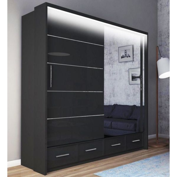 FURCO | Mendeley High Gloss | 2 Door Sliding Wardrobe | 150 cm | Elegant Black | Contemporary & Chic
