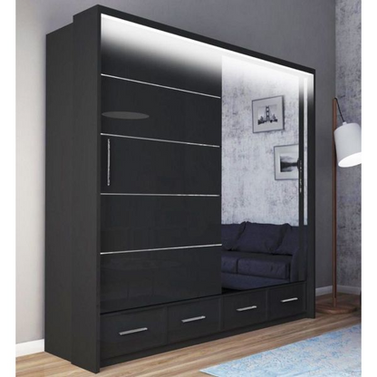 FURCO | Mendeley High Gloss | 2 Door Sliding Wardrobe | 150 cm | Elegant Black | Contemporary & Chic