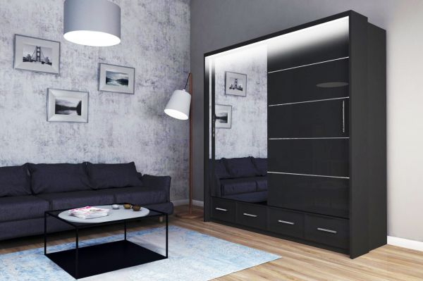 FURCO | Mendeley High Gloss | 2 Door Sliding Wardrobe | 150 cm | Elegant Black | Contemporary & Chic