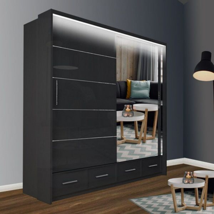 FURCO | Mendeley High Gloss | 2 Door Sliding Wardrobe | 150 cm | Elegant Black | Contemporary & Chic