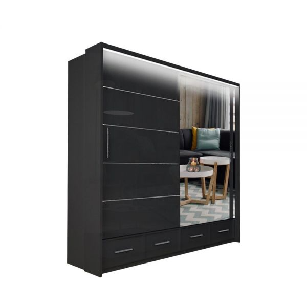 FURCO | Mendeley High Gloss | 2 Door Sliding Wardrobe | 150 cm | Elegant Black | Contemporary & Chic