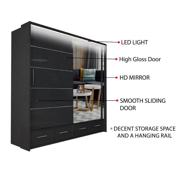 FURCO | Mendeley High Gloss | 2 Door Sliding Wardrobe | 150 cm | Elegant Black | Contemporary & Chic