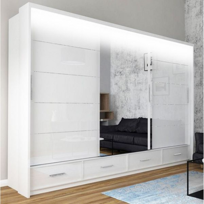 FURCO Mendeley White High Gloss Large 3 Door Sliding Wardrobe - Luxurious Look