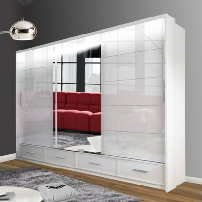 FURCO Mendeley White High Gloss Large 3 Door Sliding Wardrobe - Luxurious Look