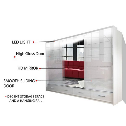 FURCO Mendeley White High Gloss Large 3 Door Sliding Wardrobe - Luxurious Look