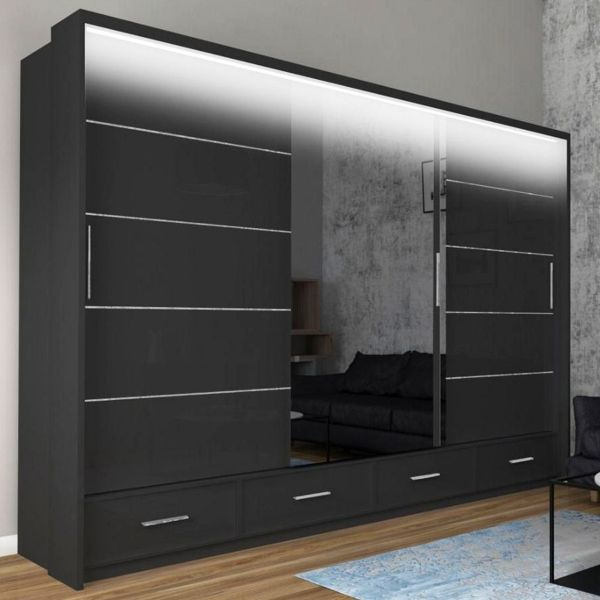 FURCO Mendeley Black High Gloss Large 3 Door Sliding Wardrobe - Spacious and Chic