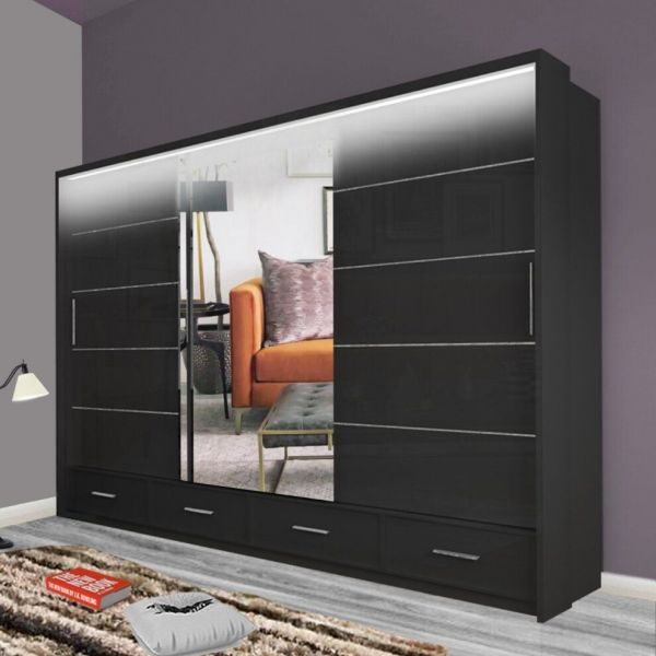FURCO Mendeley Black High Gloss Large 3 Door Sliding Wardrobe - Spacious and Chic