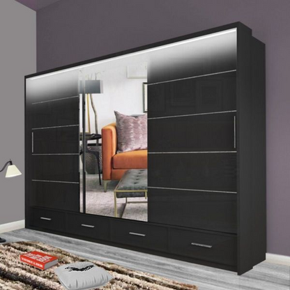 FURCO Mendeley Black High Gloss Large 3 Door Sliding Wardrobe - Spacious and Chic