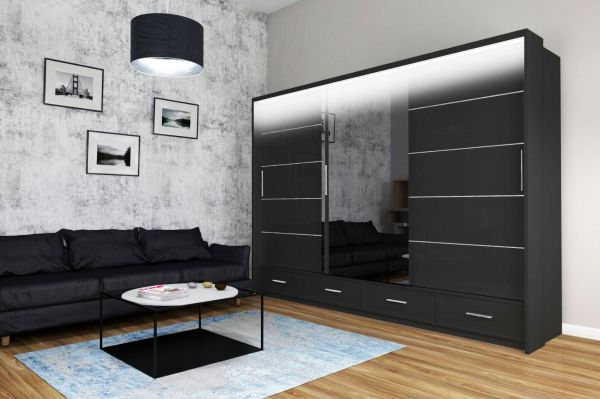 FURCO Mendeley Black High Gloss Large 3 Door Sliding Wardrobe - Spacious and Chic