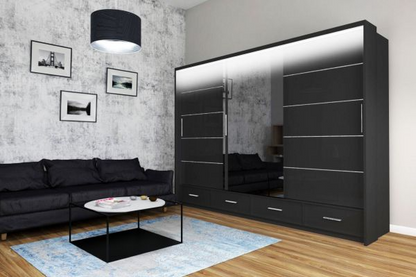 FURCO Mendeley Black High Gloss Large 3 Door Sliding Wardrobe - Spacious and Chic