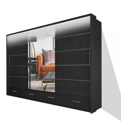 FURCO Mendeley Black High Gloss Large 3 Door Sliding Wardrobe - Spacious and Chic