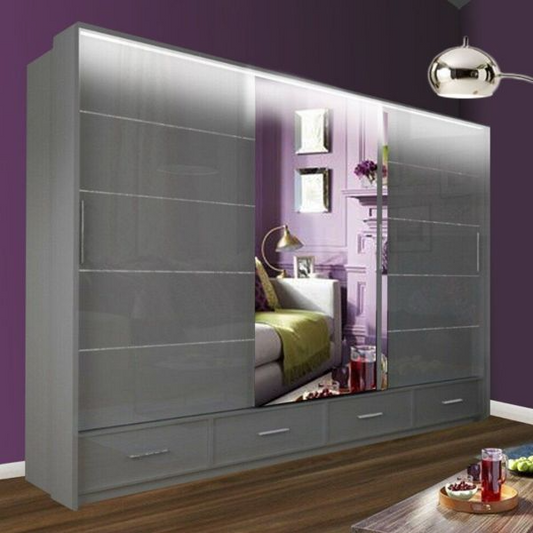 FURCO Mendeley Grey High Gloss Large 3 Door Sliding Wardrobe - Sophisticated Storage