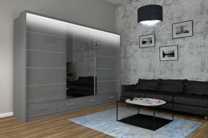 FURCO Mendeley Grey High Gloss Large 3 Door Sliding Wardrobe - Sophisticated Storage