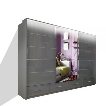 FURCO Mendeley Grey High Gloss Large 3 Door Sliding Wardrobe - Sophisticated Storage