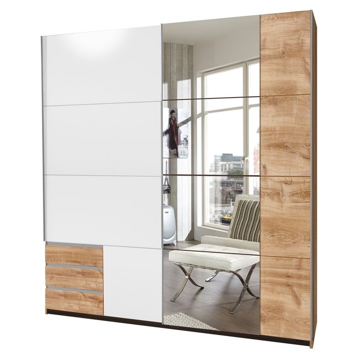 Amber Mirrored 2 Door Sliding Wardrobe | Planked Oak & White | Modern Space Saver | Furco
