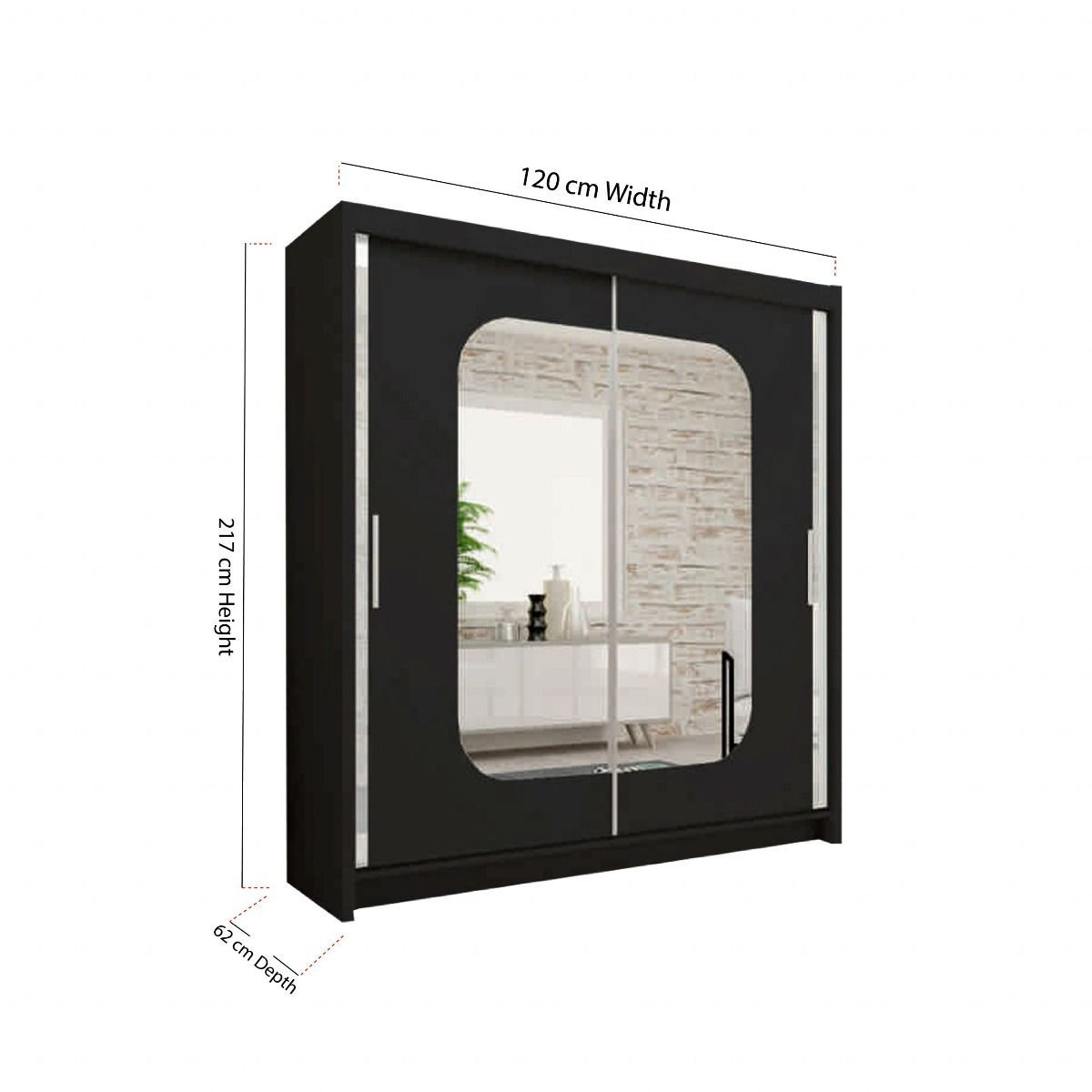 FURCO | Merica 2 Door Mirrored Sliding Wardrobe | Sophisticated Black | Available in 4 Sizes | Chic & Functional