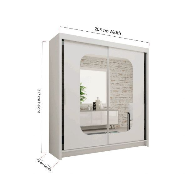 FURCO | Merica 2 Door Mirrored Sliding Wardrobe | Pristine White | 4 Sizes Available | Modern & Spacious