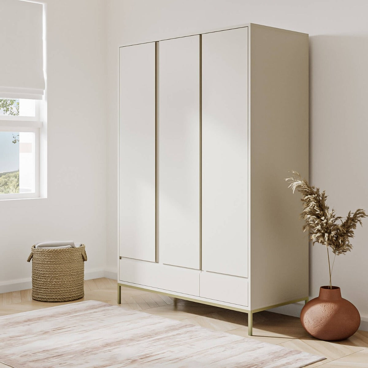 Modern Beige 3 Door Triple Wardrobe with Drawers and Shelves - Zion