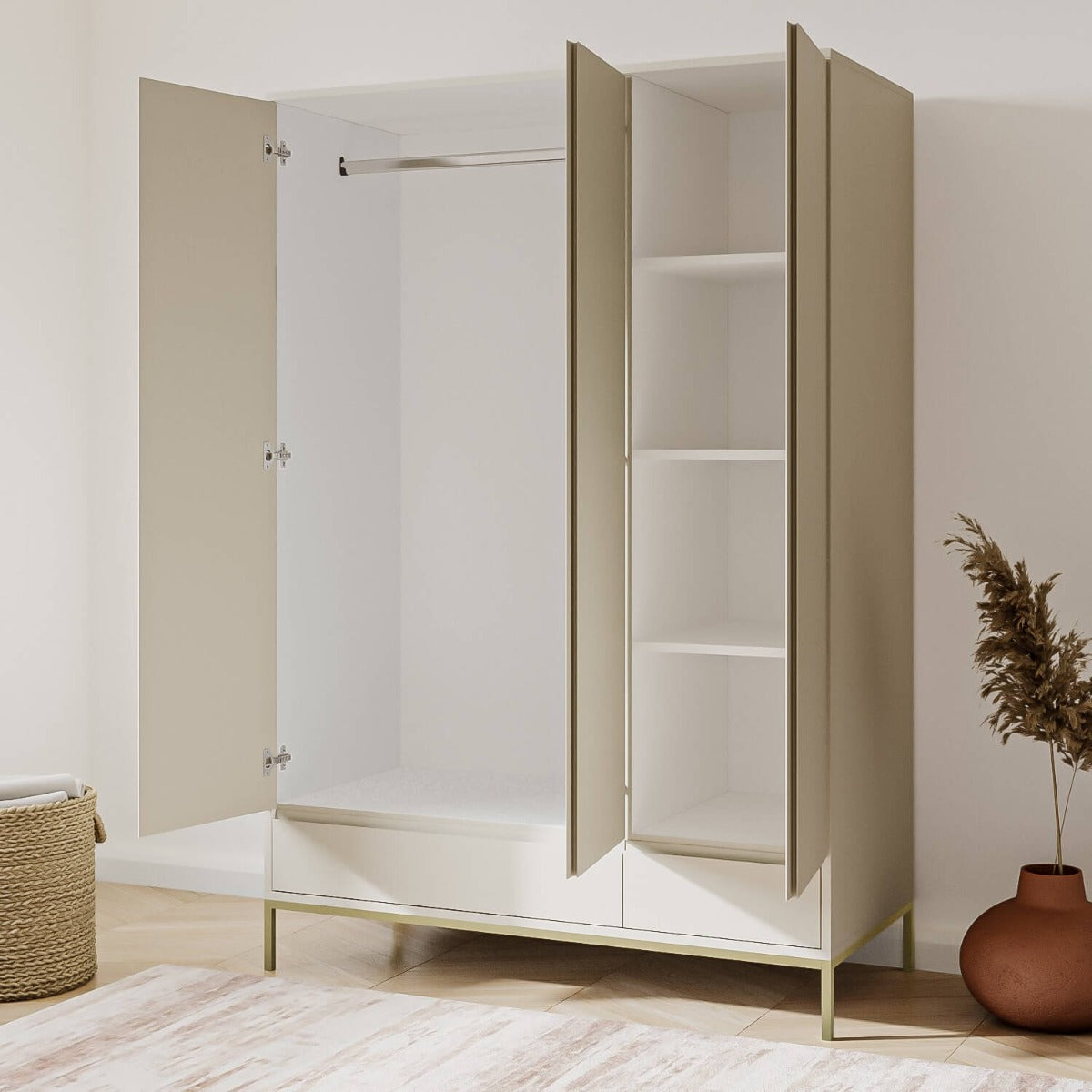 Modern Beige 3 Door Triple Wardrobe with Drawers and Shelves - Zion