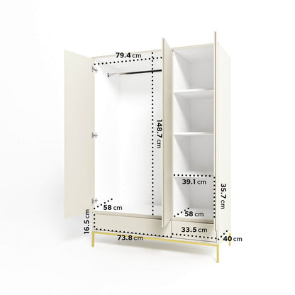 Modern Beige 3 Door Triple Wardrobe with Drawers and Shelves - Zion